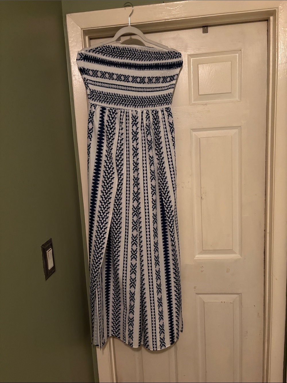 Strapless Navy and White Maxi Dress - Smocked Bodice